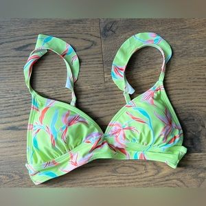 Ninety-Nine Degrees, Tropical Floral, Ruffle Strap, Bikini Swim Top, V Neck, Med